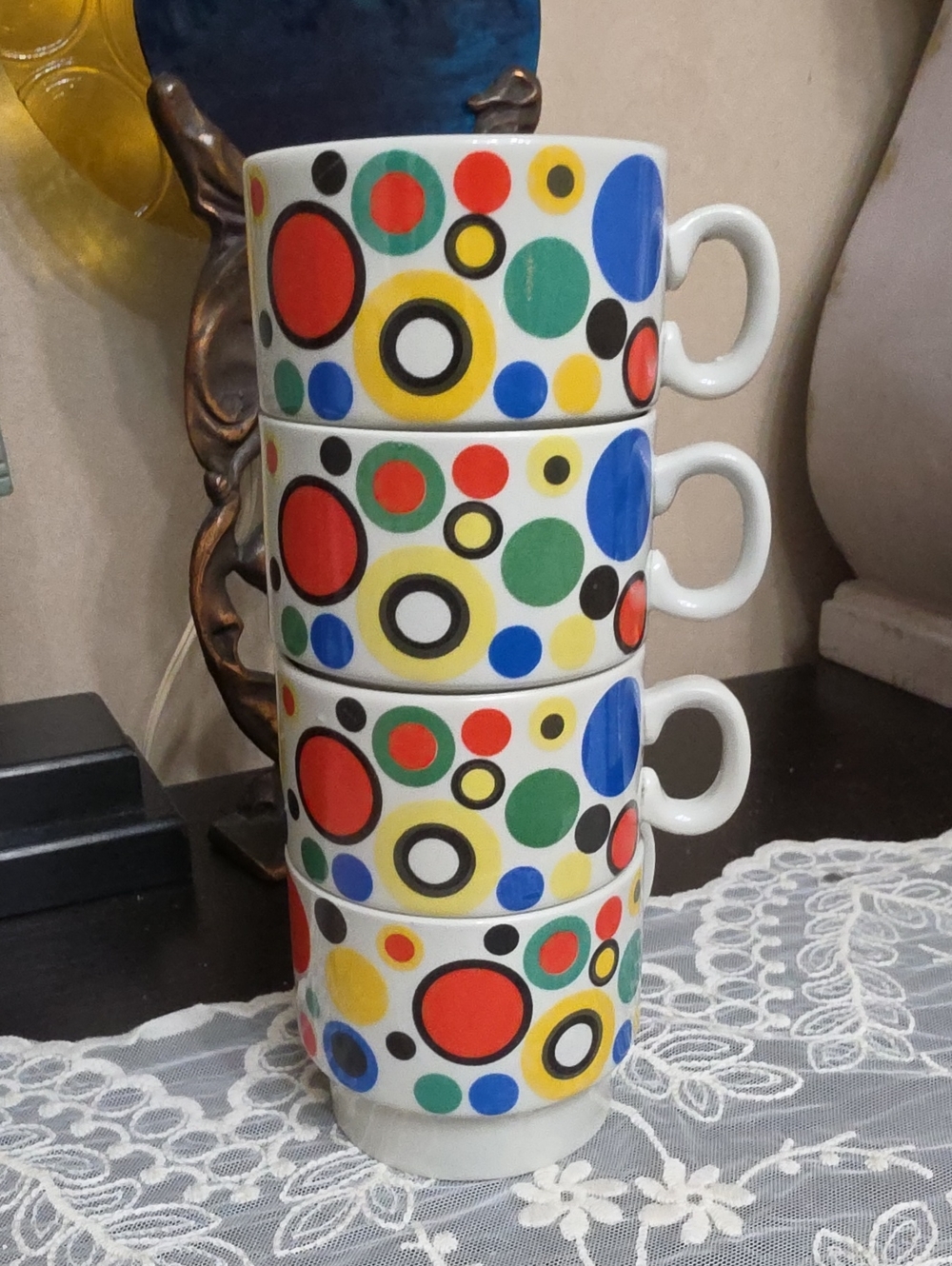 Vtg 1970 Weidmann Porzellan Colorful Polka Dot Stackable Ceramic Mugs Cappuccino